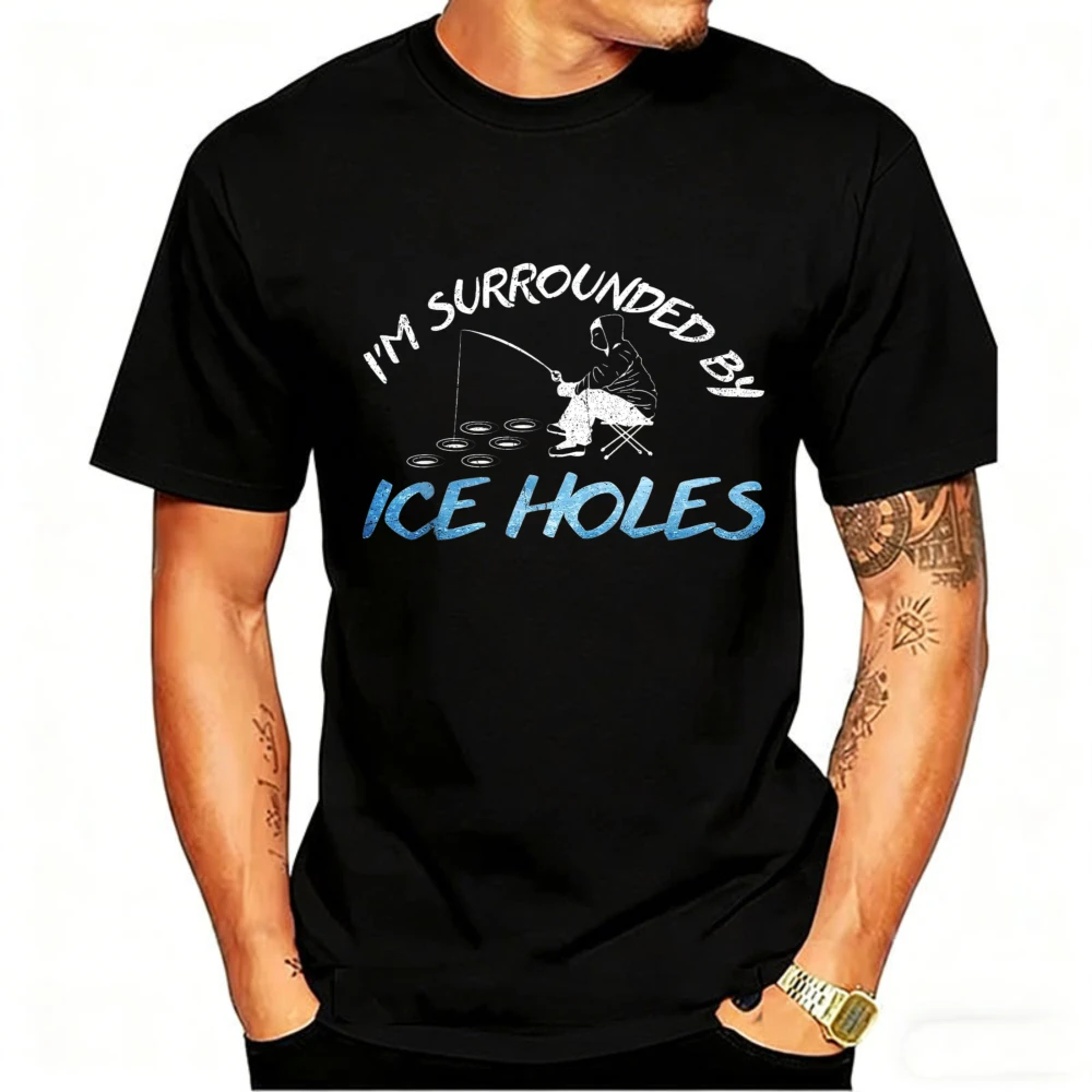 I'm Surrounded By Ice Holes Funny Ice Fishing T-Shirt Men Distressed Graphic Tee Short Sleeve Crew Neck Silhouette Gift Casual