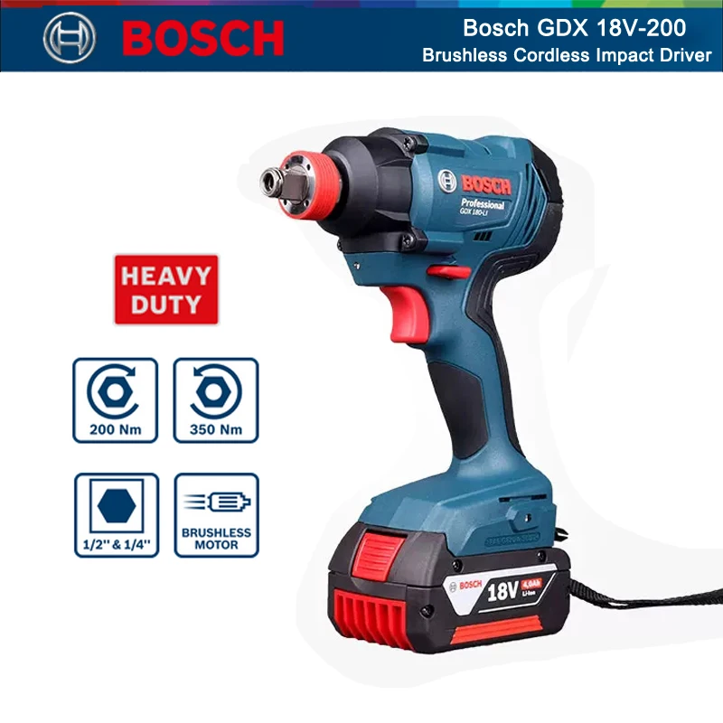 

Bosch GDX 18V-200 Brushless Electric Screwdriver Impact Wrench Screwdriver Rechargeable Cordless Wrench 2 Batteries Power Tool