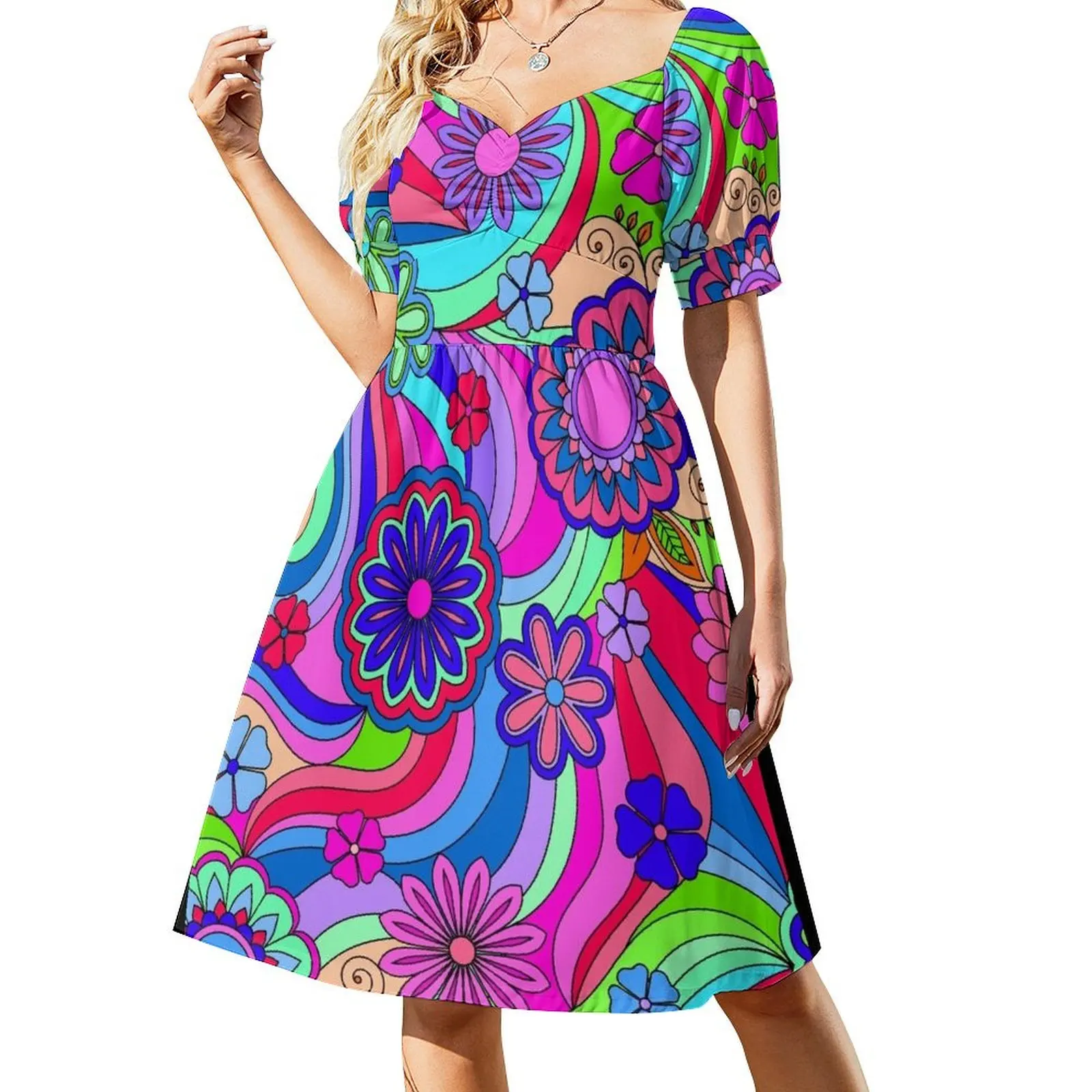 

Groovy Hippy Flower Power Cool Tones Short Sleeved Dress sexy short dresses daring summer dress korean women Dress