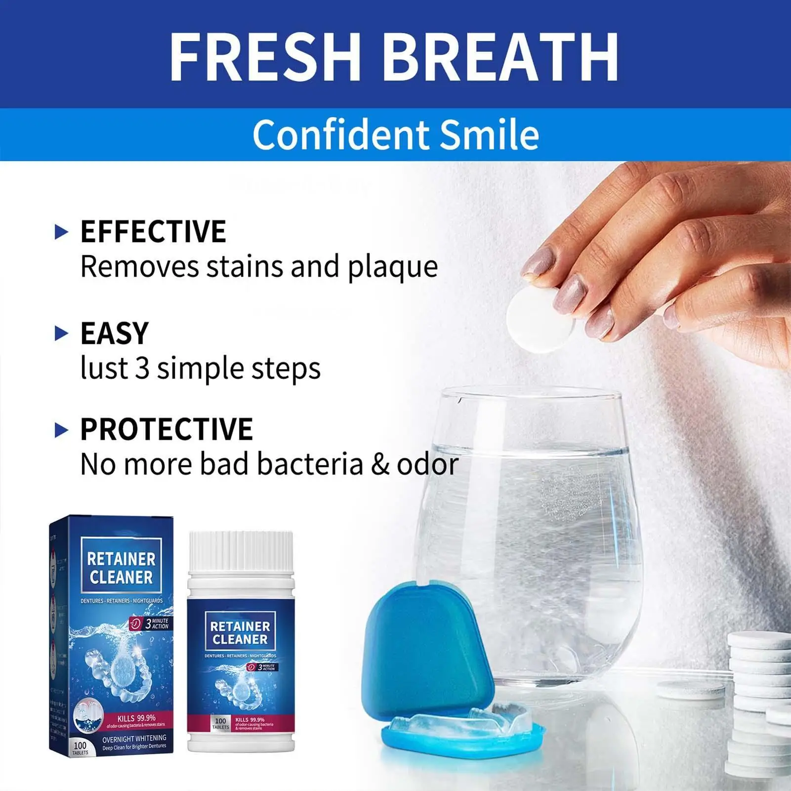 100PCS False Tooth Cleaning Tablets Denture Cleaning Tablets Removes Odor Orals Cleaning Retainer Cleaner Fresh Breath view 4