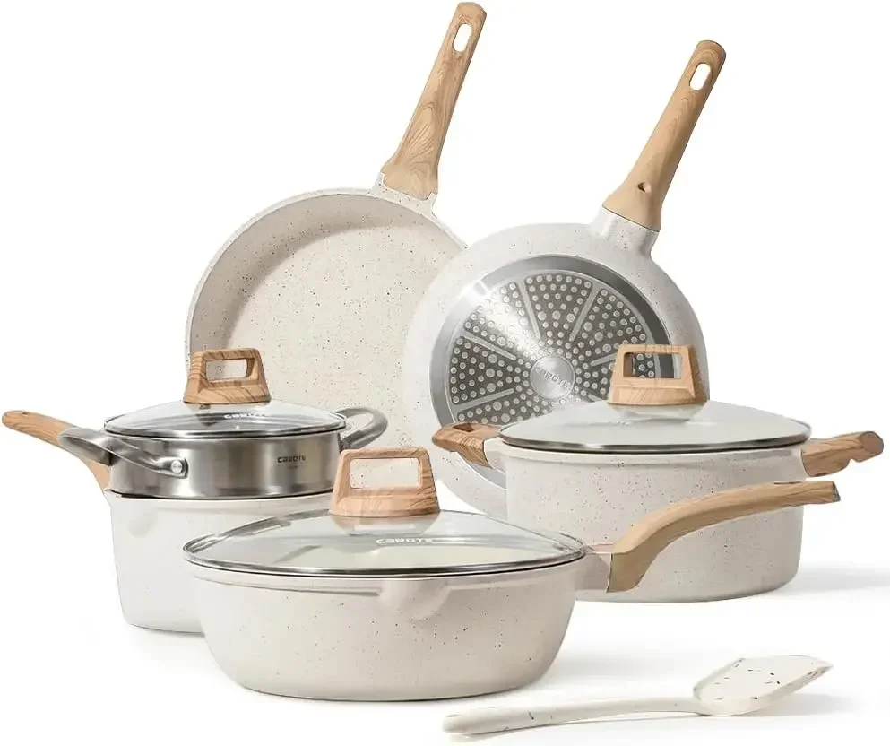 

Pots and Pans Set Nonstick, White Granite Induction Kitchen Cookware Set, 10 Pcs Non Stick Cooking