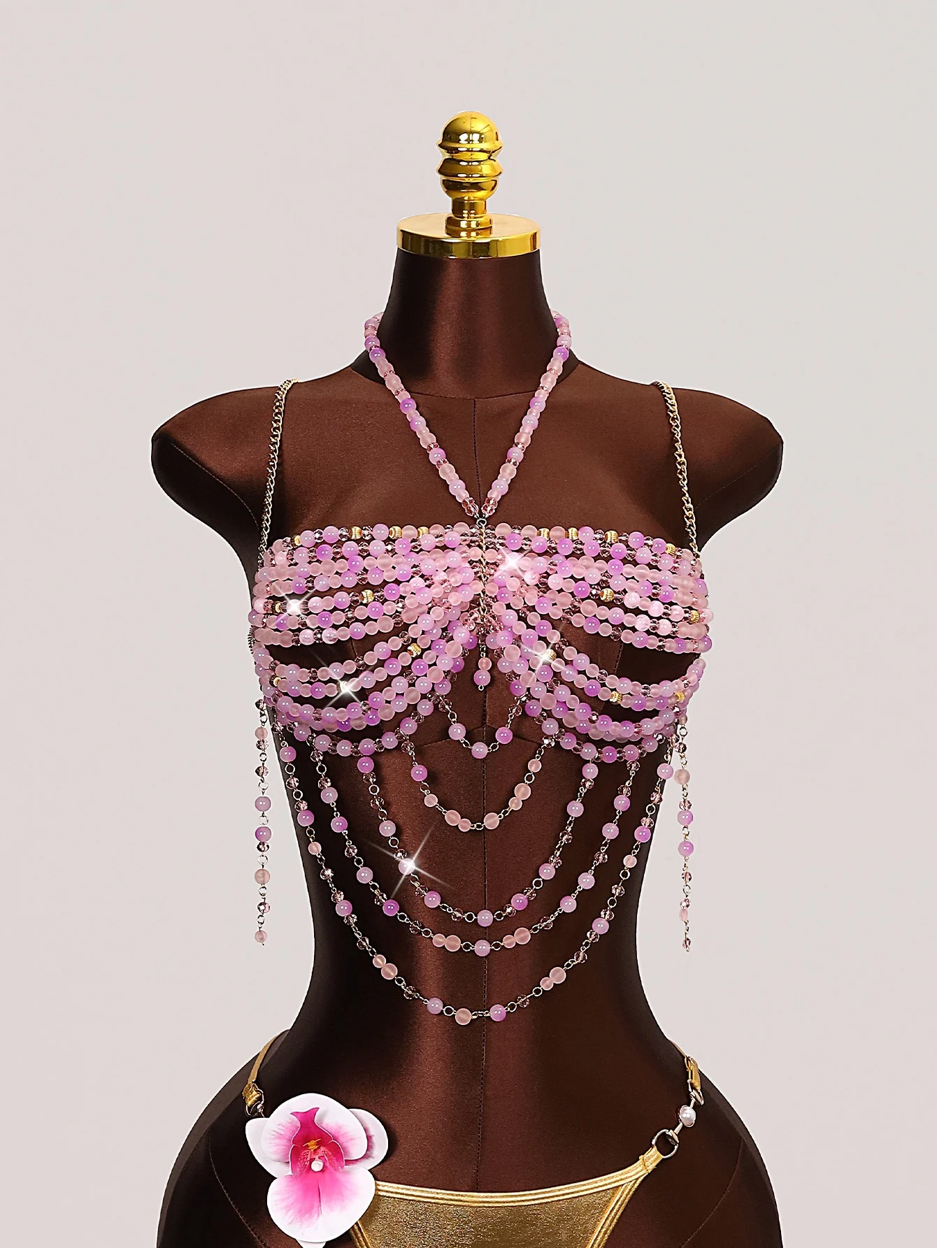 

RJ Fashion Sexy Metal Acrylic Neck Body Chain Pastel Pink Beads Halter Dress Masquerade Stage Party Jewelry Accessories