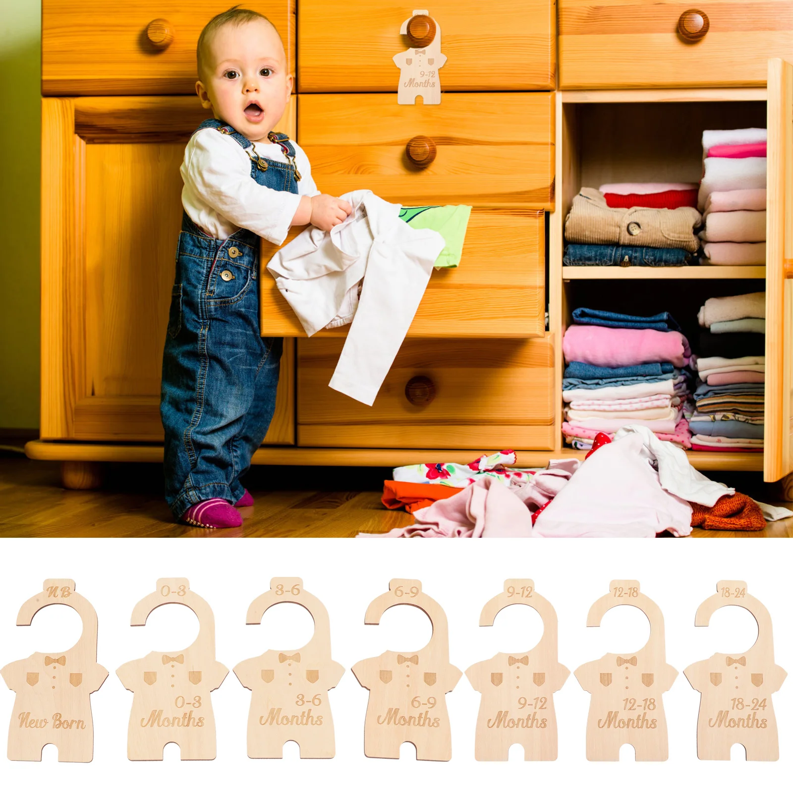 

7Pcs Baby Closet Size Dividers Wooden Toddler Hangers Organizers for Infant Clothes Storage and Sorting Closet Dividers
