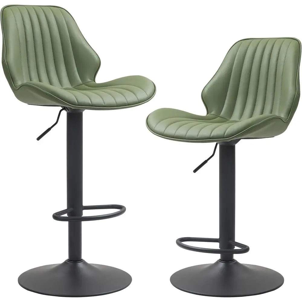 Pair of Modern Swivel Bar Stools, Faux Leather, Adjustable 24-32.5 Height, 330 lbs, Green Upholstered Kitchen Chairs
