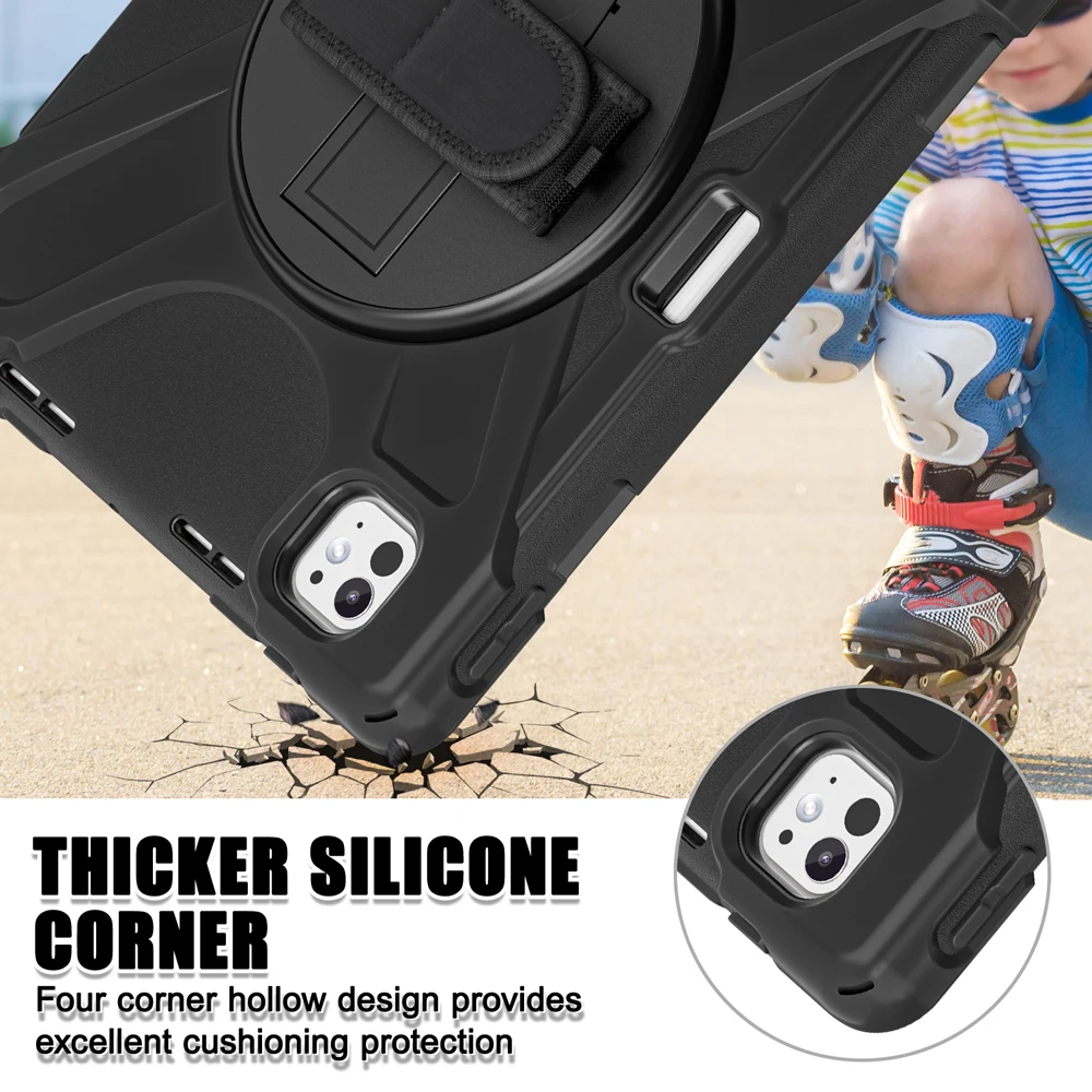 

Tablet Cases For iPad Pro11 Pro 11 2024 2025 M5 M4 Case A3358 A2836 Cover Shockproof Rotate Hand Strap TPU Silicone Stand Shell