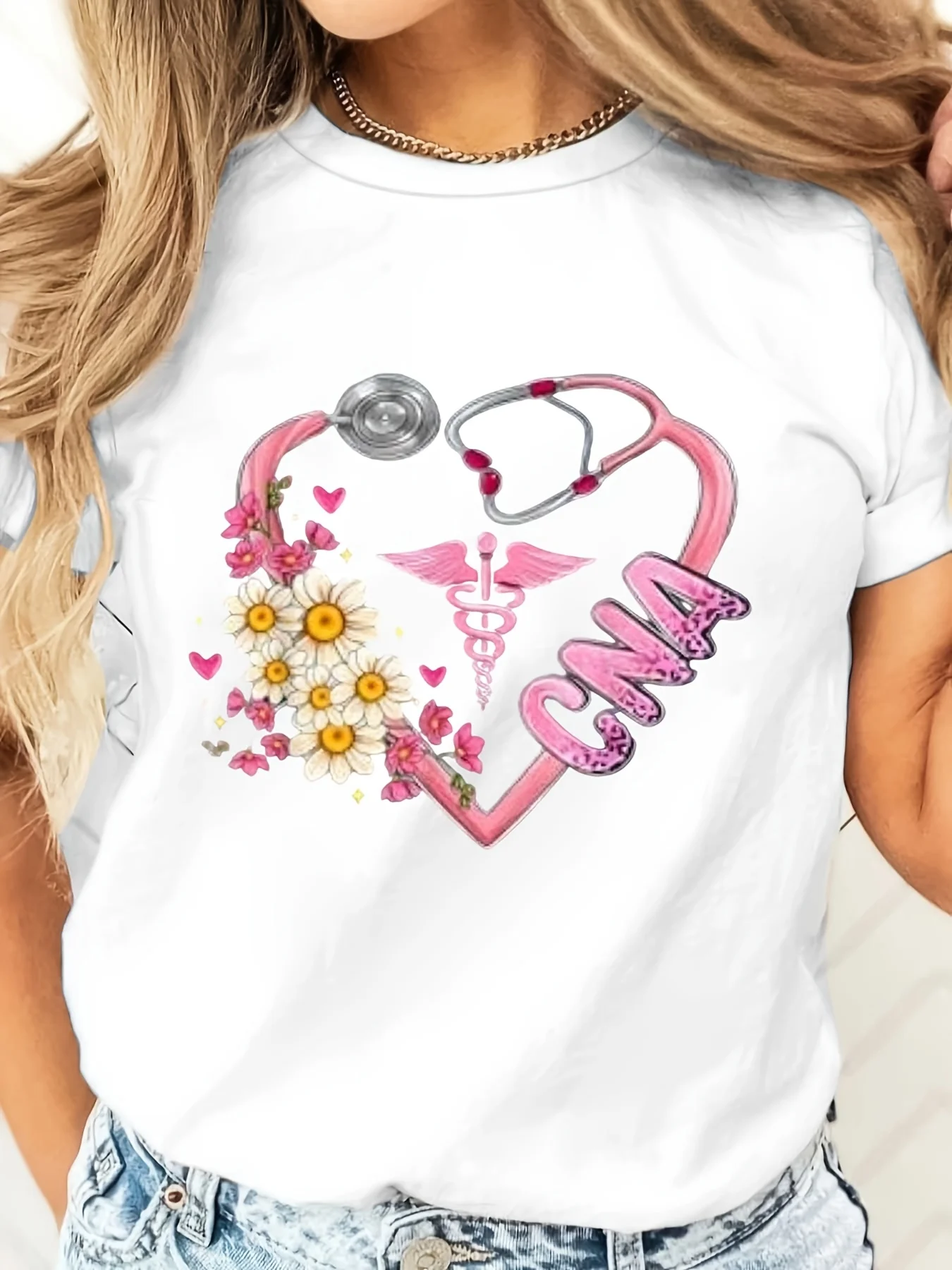 Stethoscope Heart CNA Floral Print T-Shirt, Nurse Appreciation Week Gift, Medical Worker Daily Wear