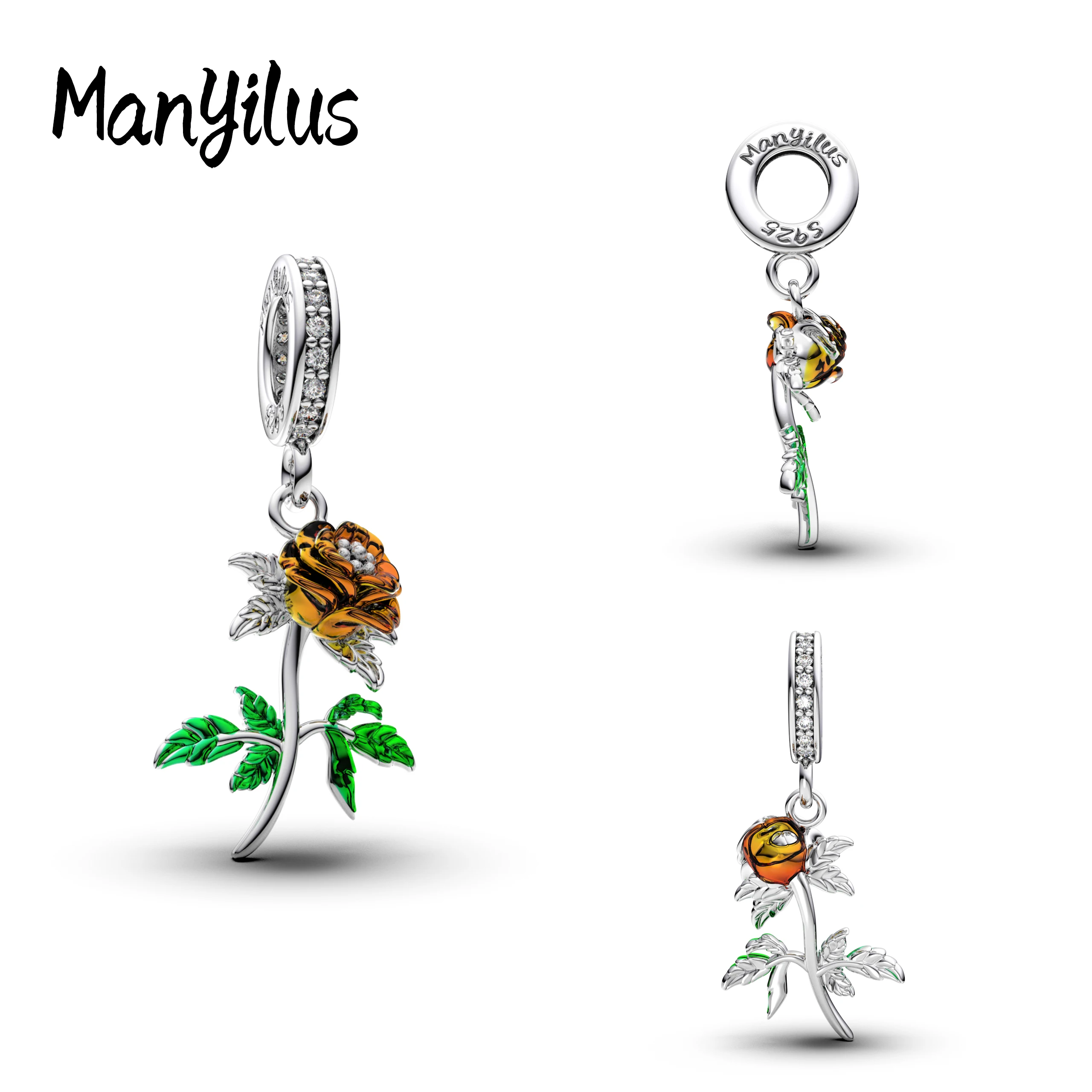 

Manyilus Hot Sale Orange Rose Charms S925 Sterling Silver Keychain Beads For Original 925 Bracelet Jewelry GiftS