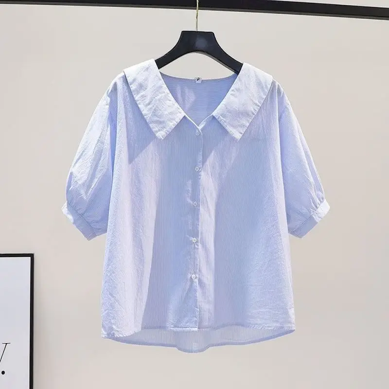 

98% Cotton Shirts Women Blue Striped Doll Collar Shirt Fashion Loose Half Sleeve Blouse 2023 Summer Trend Thin Shirts Y2k Tops