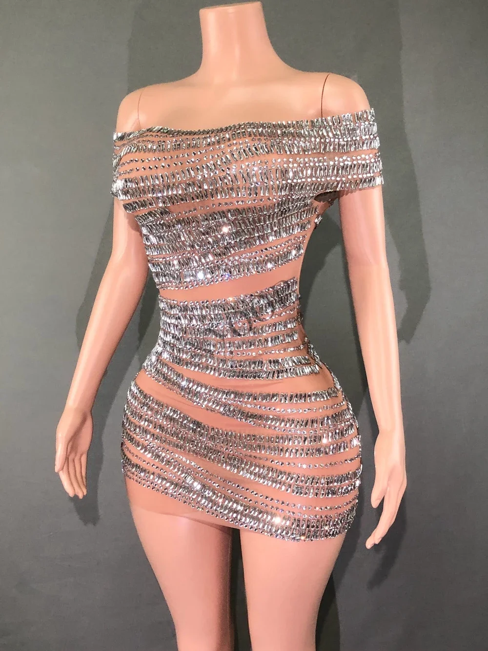 Shinning Big Crystal Women Sexy Slash Neck Bodycon Mesh See Through Mini Dress Nightclub Party Performance Costumes Stage Wear