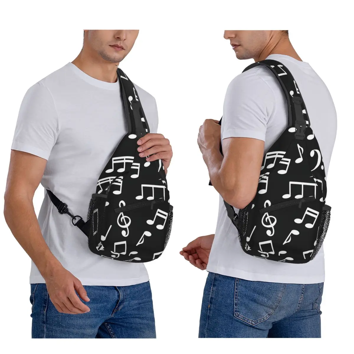 White Music Notes On Black Background Chest Bag Men Sling Crossbody Backpack Chest Bag Traveling Hiking Daypack Shoulder Bag
