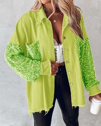 Women Jacket 2024 Spring Fashion Contrast Sequin Raw Hem Pocket Casual Turn-Down Collar Long Sleeve Daily Long Shacket