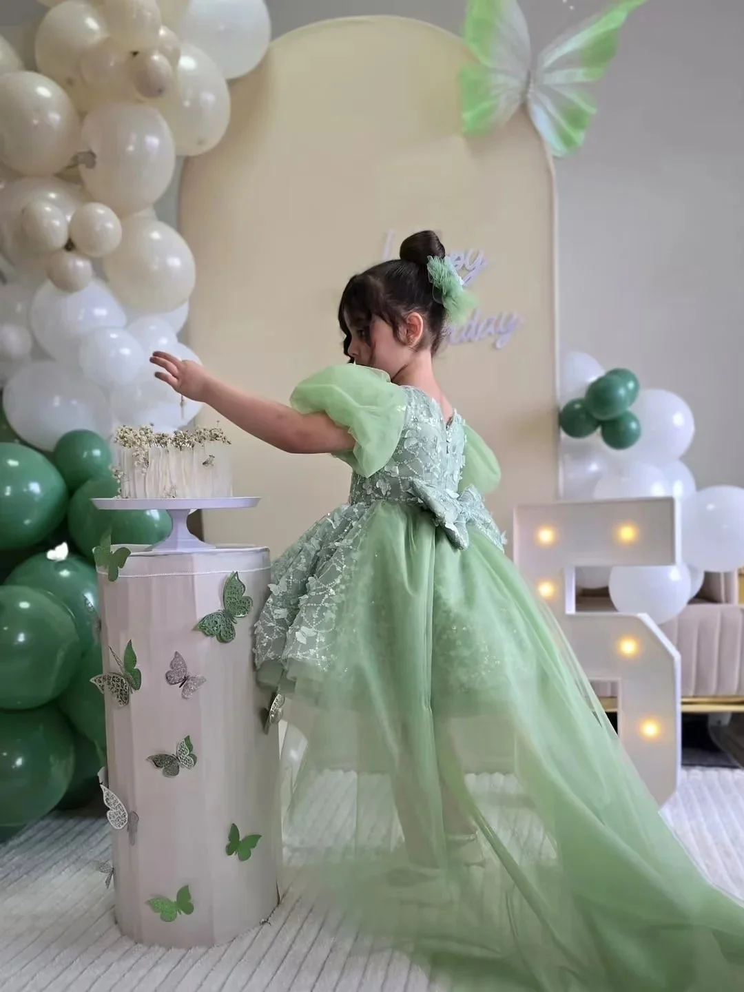 Custom Flower Girl Dress Wedding Gown Birthday Party Pageant Dress Puff Sleeve 3D Butterfly High Low Tulle Gown For Girls فسا