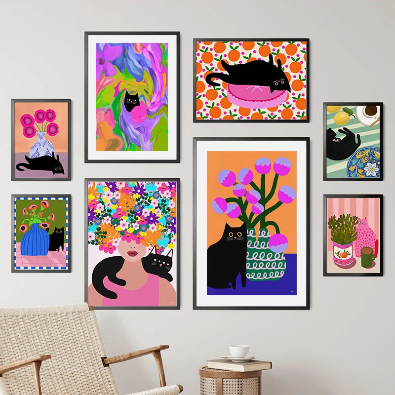 Boho Abstract Girl Vase Flower Black Cat Illustration Wall Art Canvas Painting Nordic Poster & Prints Pictures Living Room Decor view 3