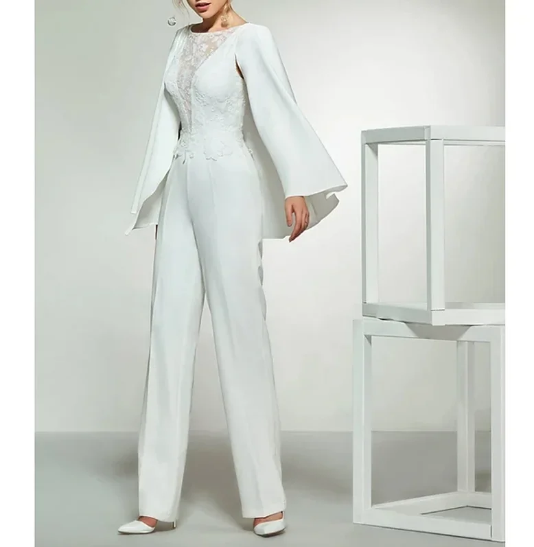 Jumpsuits Bateau Neck Lace Satin Wedding gown Long Sleeve Romantic Plus Size Modern Wedding Dresses with Lace Insert 2020