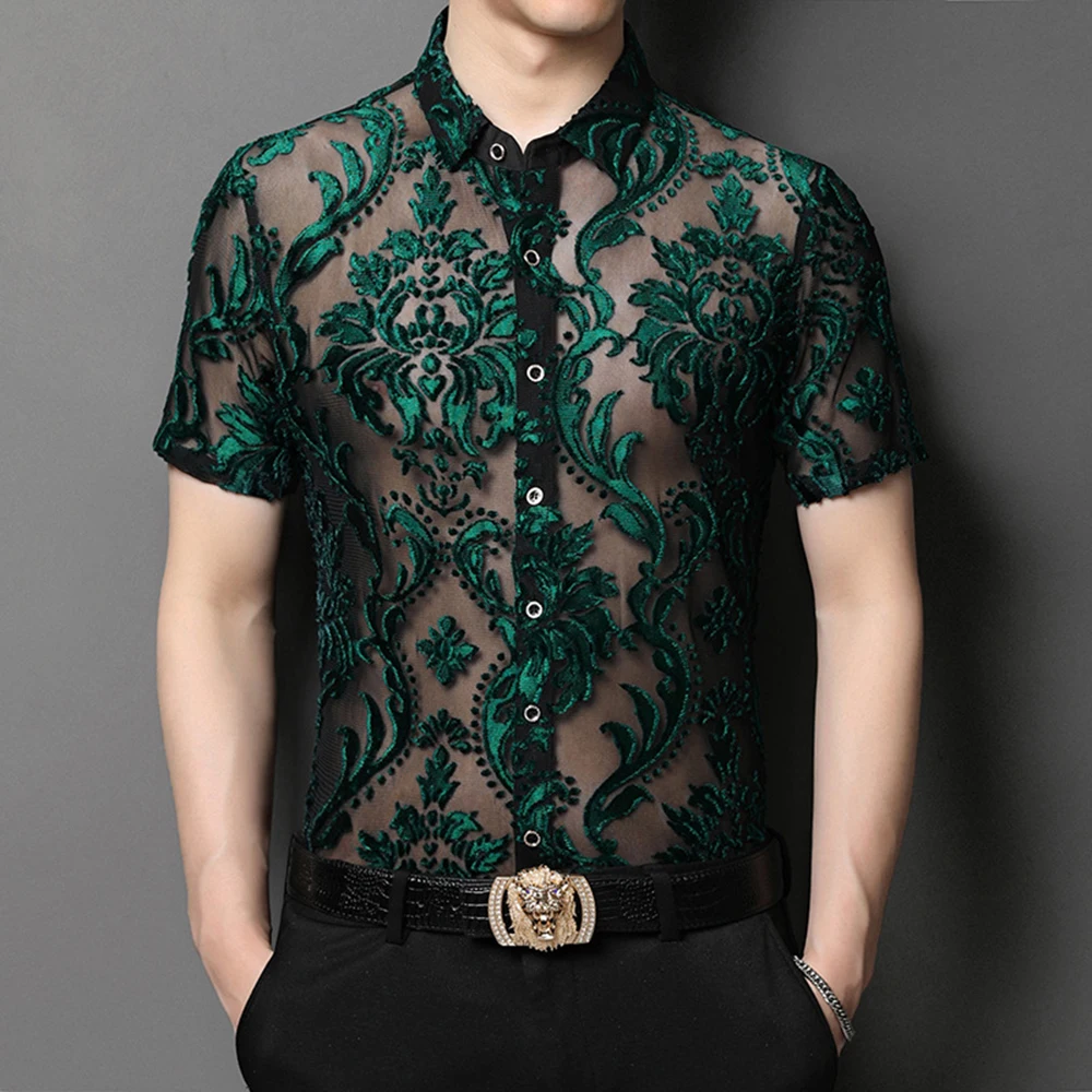 New Fashion Floral Embroidery Transparent Shirt Man See Through Sexy Casual  Shirts Men Social Party Lace Sheer Blouse Hollowout