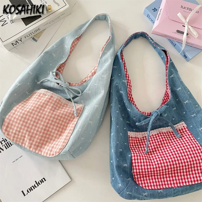 

Patchwork Contrast Color Plaid Pockets Bow Shoulder Bags All Match Office Lady Handbags Japanese Casual Kawaii Cute Underarm Bag