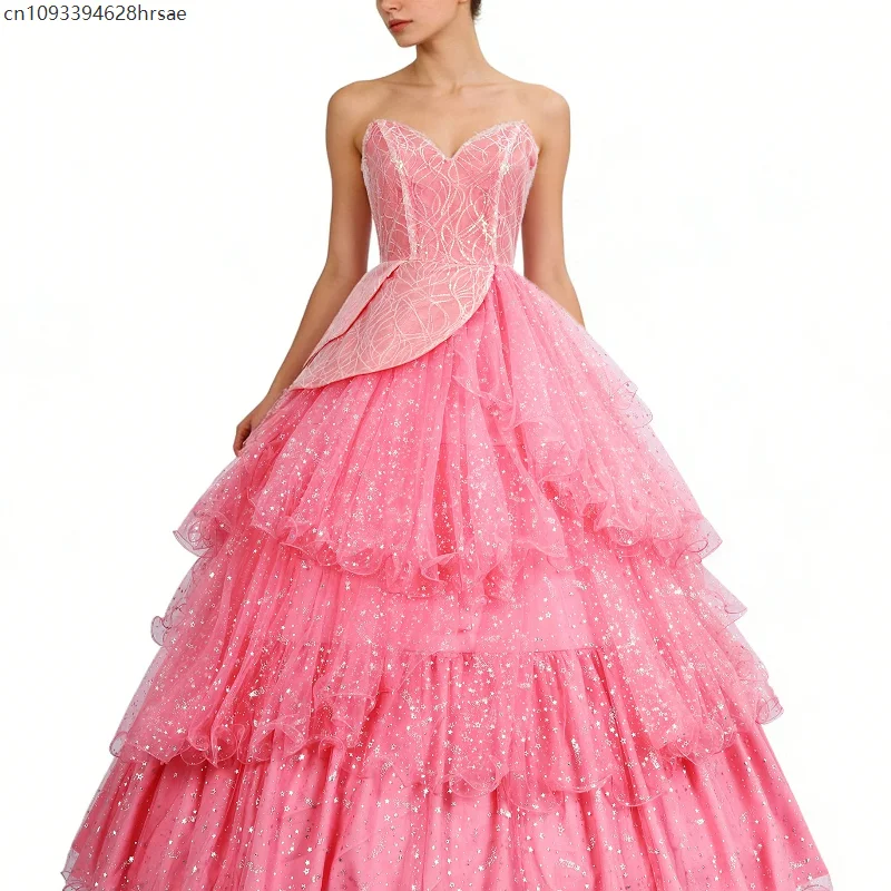 

Glitter Pink Sweetheart Ball Costume Prom Dress Women's Tiered Tulle Formal Evening Gown Party Wedding Guest Outfit