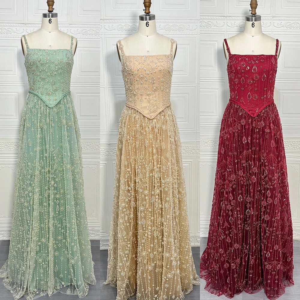 فساتين سهرة أنيقة بحمالات رفيعة 2025 على شكل حرف A بياقة مربعة مطرز لحفلات الزفاف الرسمية للنساء حسب الطلب