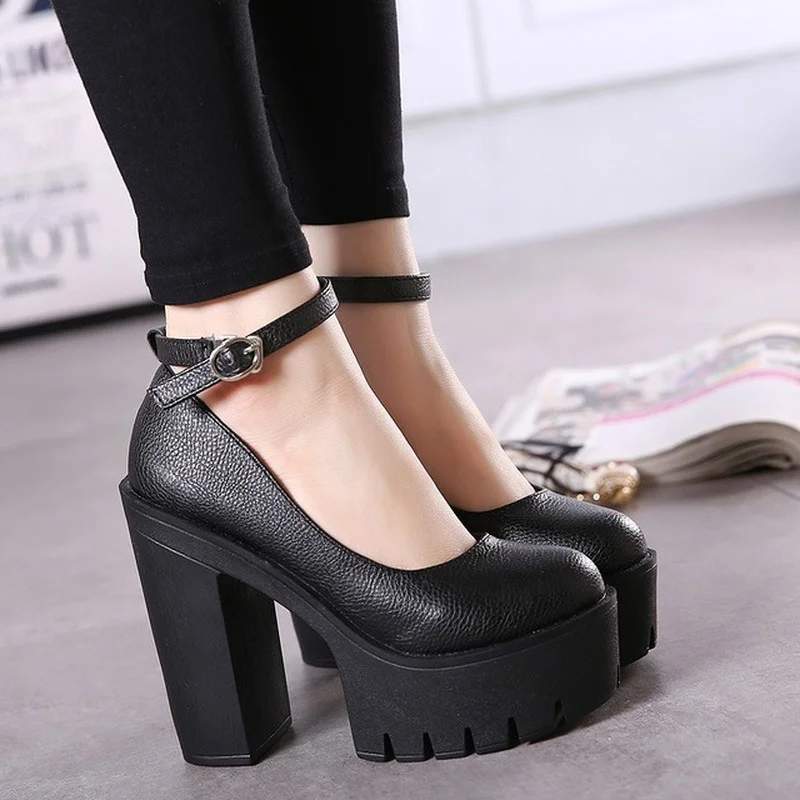 Spring Autumn Casual High Heels Shoes Sexy Chunky Heel Platform  Shoes White Black Size 42 Single shoes