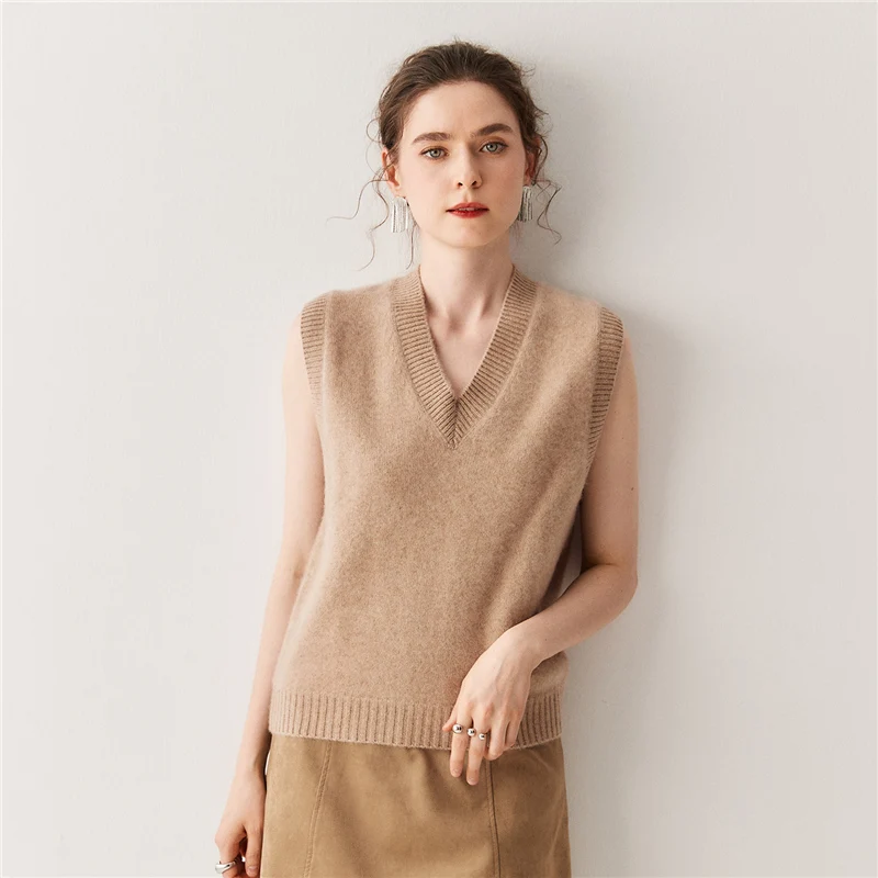 

Waistcoat Autumn Winter Women's Solid Color 100% Cashmere Sweater Basic Pullover Vest Retro Lazy Preppy Style Sleeveless Clothes