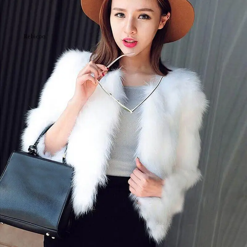 Newest Women\'s Elegant Three Quarter Sleeve Short Faux Fur Coat Winter Warm Fur Jacket Outerwear