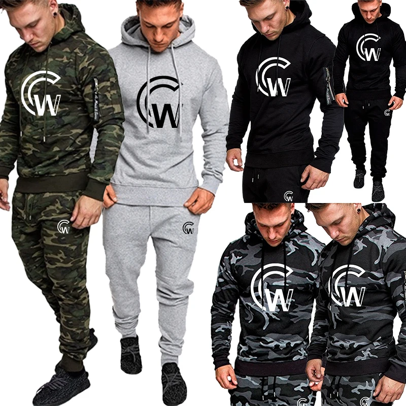

Костюм спортивный мужской из двух предметов, модная камуфляжная Повседневная Толстовка с принтом и брюки, костюм для бега, Осень-зима