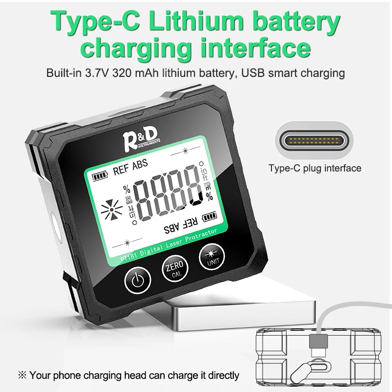 R&D PT180 PT181 Laser  Digital Protractor Angle Measure Inclinometer 3 in 1 Laser Level Box Type-C Charging Angle meter for home