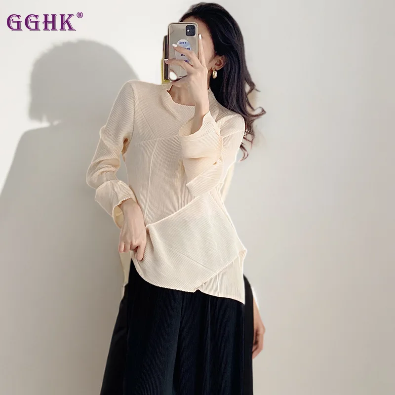 

GGHK Women Solid Color Asymmetrical Pleated T-shirt Long Sleeved Stand Up Collar Design Breathable Casual Female Top