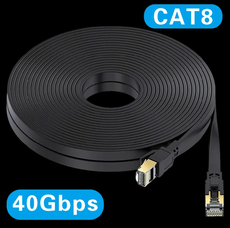 Flat shielded CAT8 Ethernet Cable, 40Gbps 2000MHz RJ45 cord. Compatible with PS5, router, PC & laptop, stable for gaming
