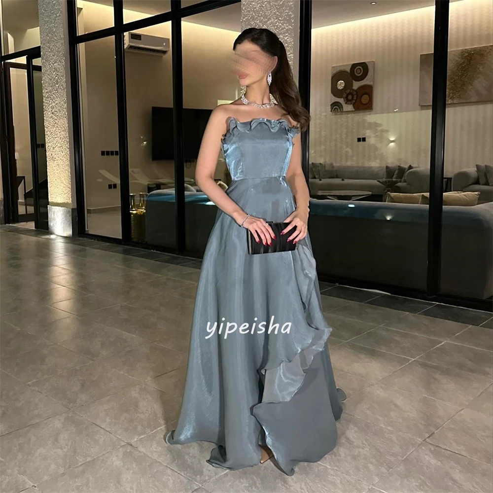 Customized Sparkle Satin Pleat Ruched A-line Strapless Long Dresses Evening Dresses Matching Intricate Chinese Style High Qualit