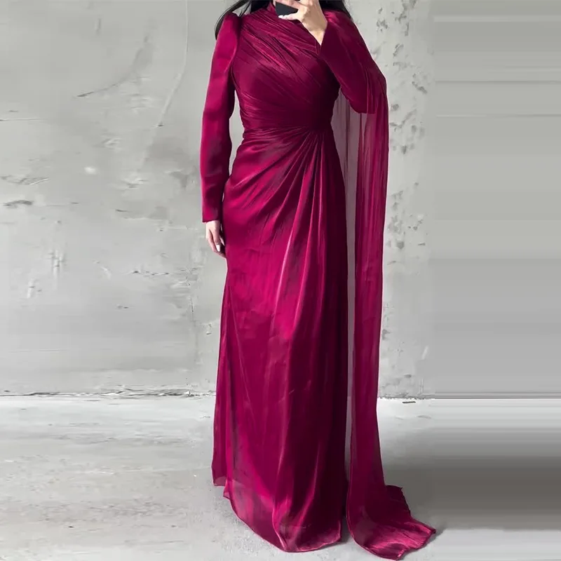 여성 패션 하이웨이스트 드레이프 롱 드레스 캐주얼 언밸런스 솔리드 컬러 슬림 가운 드레스 우아한 O넥 긴팔 가을 드레스