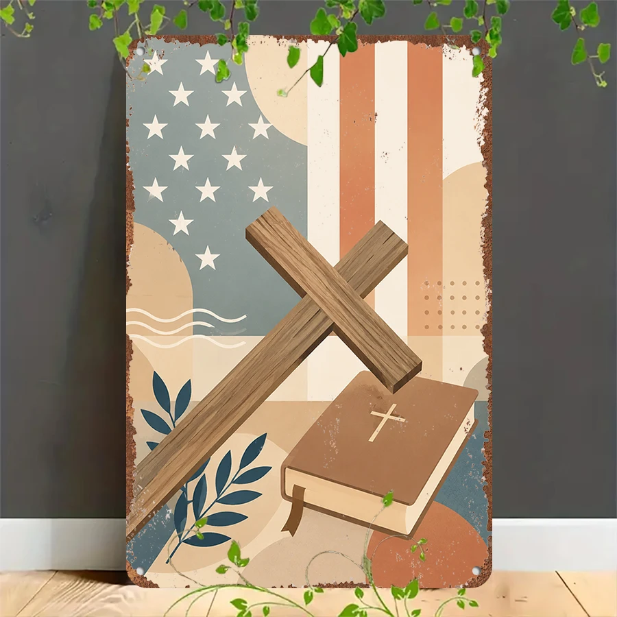 2D flat retro metal tin plate,  Christian American Flag Vintage Tin Sign, Suitable for home, garage, café, bar and garden decoration