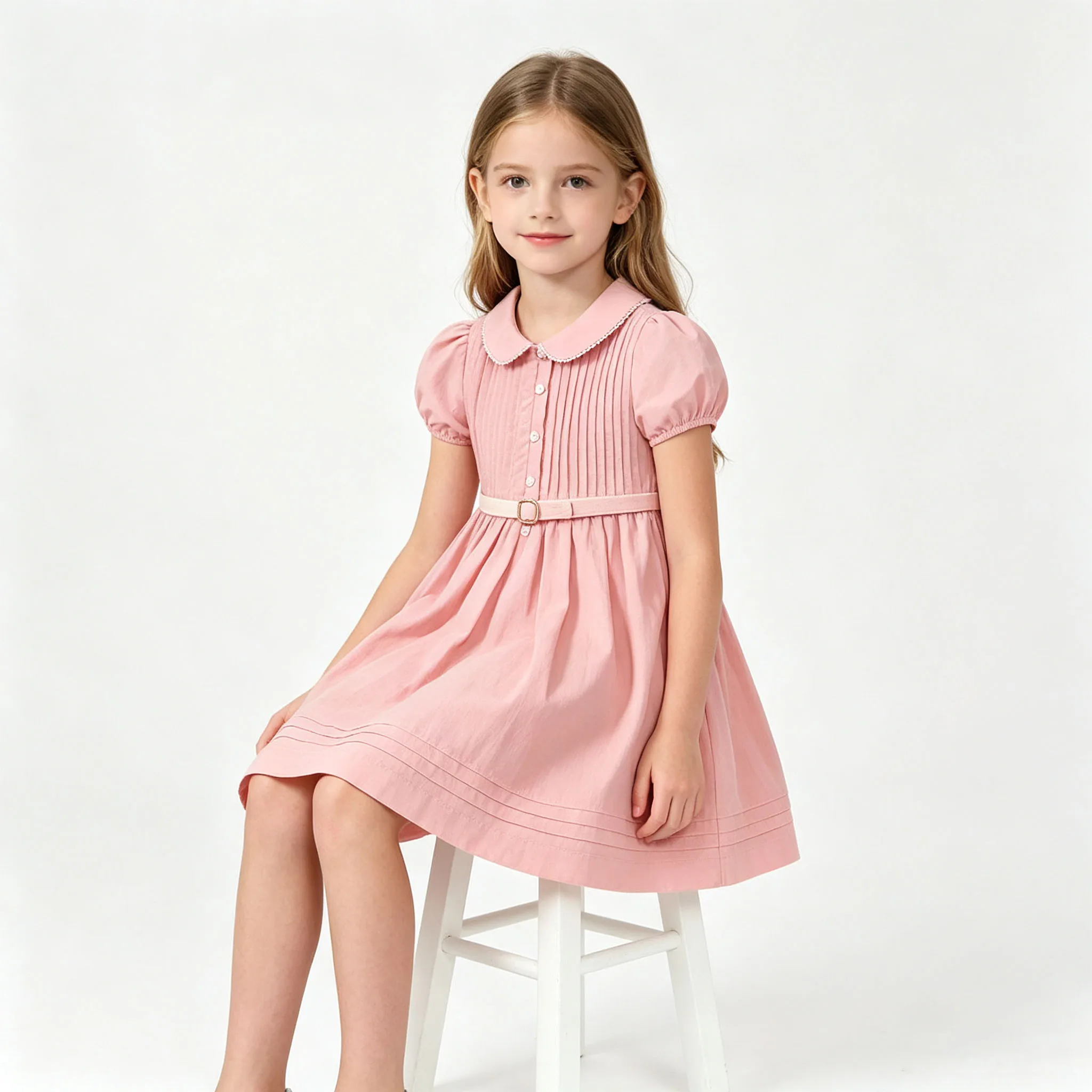 Summer Pink Toddler Girl Peter Pan Collar Dress, Puff Short Sleeve Button Front Belted A-Line Cotton Dress for Little Girls