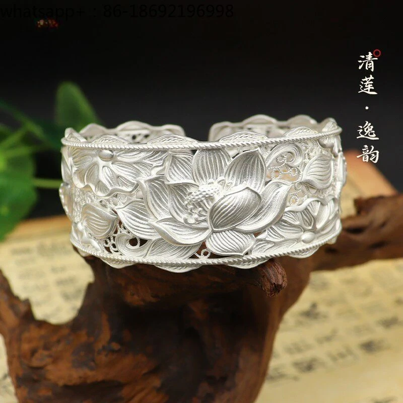 Pure Silver 999 Handmade Silk Bracelet Phoenix Peony Lotus Bracelet New Chinese Gift