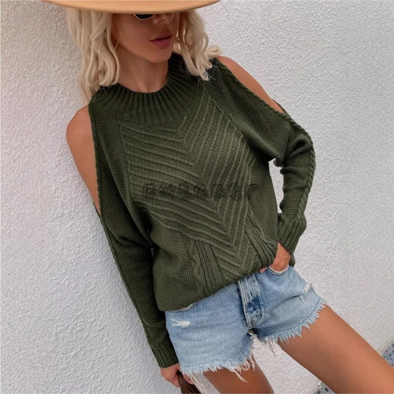 Sweter z odkrytymi ramionami 2025, prosty styl, damski, do pracy, wygodny, dzianinowy pulower z długim rękawem, jednolity kolor.