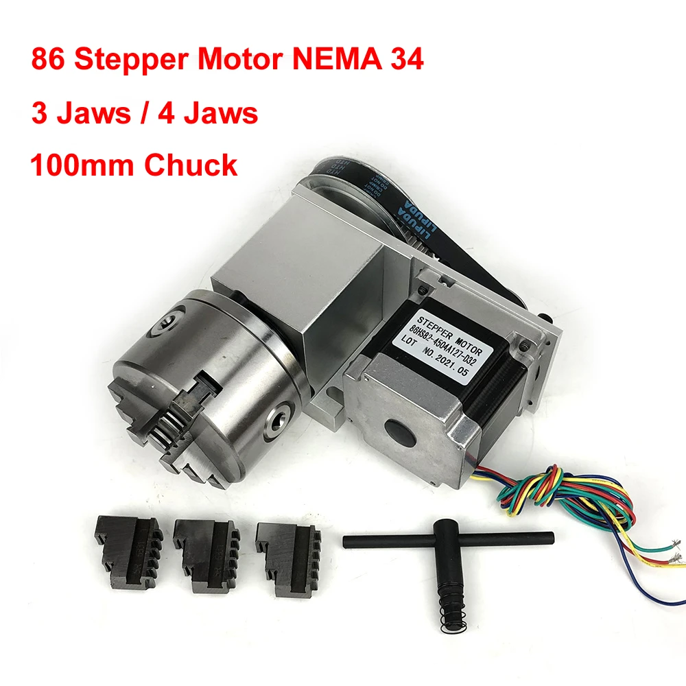 Rotary Axis NEMA34 86 Stepper Motor CNC Indexing Head 4 Jaws 100MM Chuck Center Height 65MM CNC Engraving Machine Rotation Tools