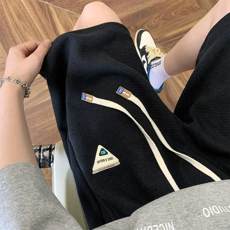 

Summer Letter Appliques Waffle Shorts For Men Baggy Running Wide Leg Short Pants Solid Casual Drawstring Gym Straight Y2K Shorts