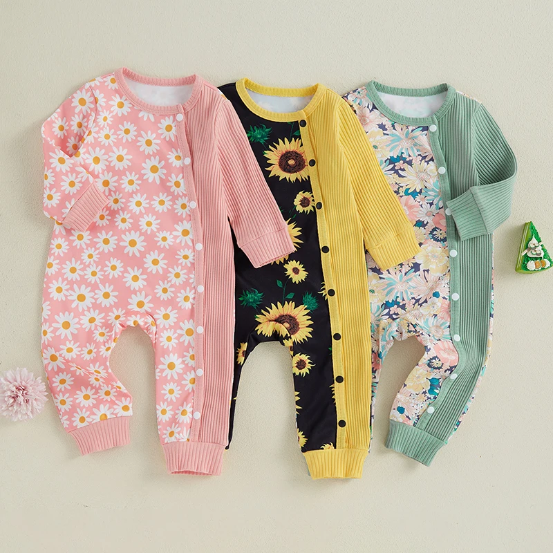 

2024-06-15 Lioraitiin 0-12M Baby Girls Autumn Jumpsuit Long Sleeve Crew Neck Flower Print Oblique Button Romper