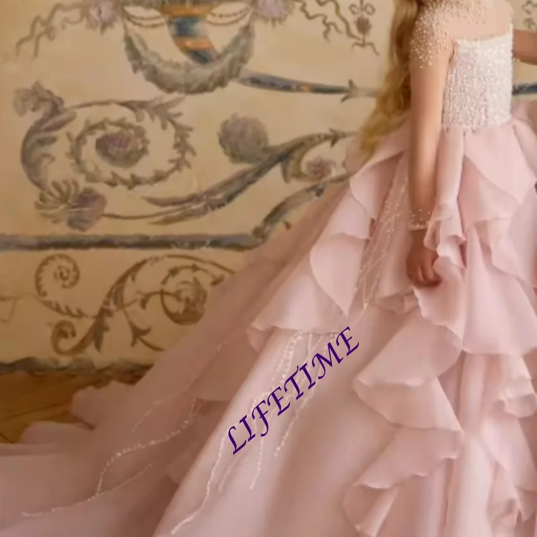 فساتين فتاة الزهور البيضاء المخصصة لحفلات الزفاف برقبة عالية مطرز بالخرز وكشكشة أول مناولة لحفلات أعياد ميلاد الفتيات الصغيرات #1