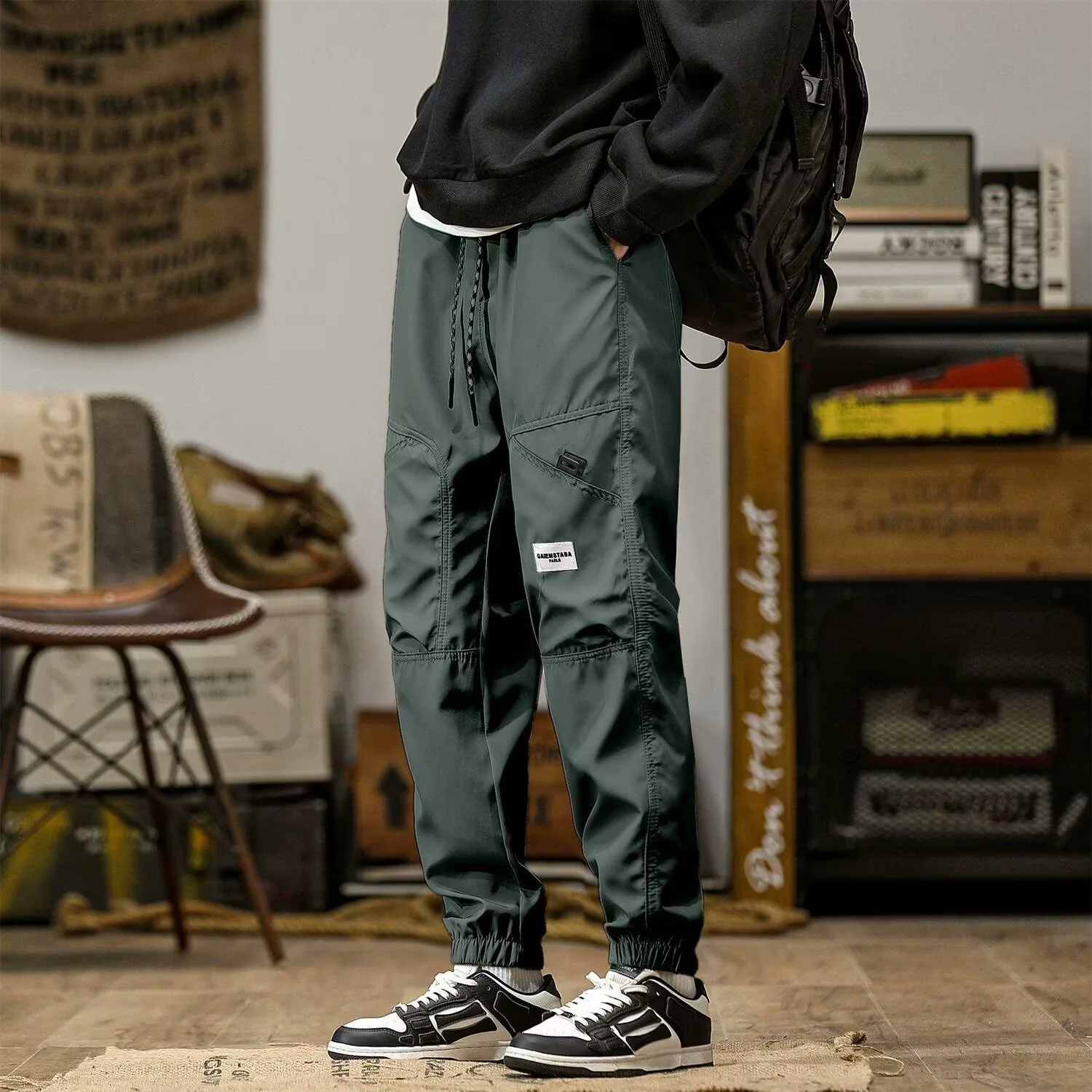 

Solid color patchwork ankle pants versatile Korean version elastic small leg work pants 2025 men's new casual pants