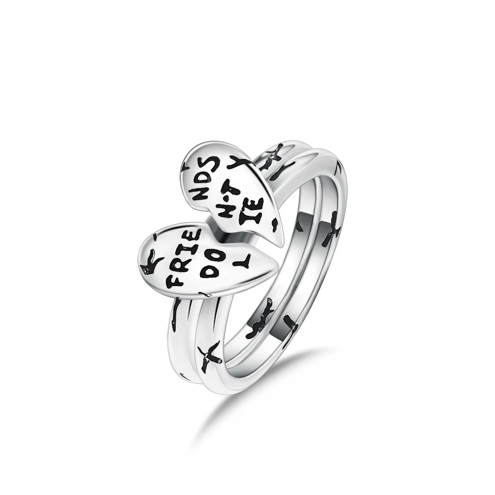 Silver Plated Bff Heart Statement Ring Engraved Split Band Design Hypoallergenic For Sensitive Skin Trendy Dainty Ring Gift