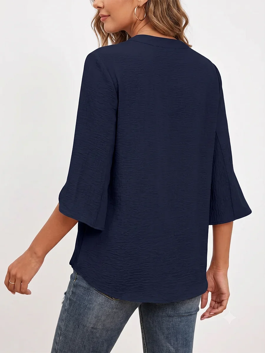 Women Plus Size Three Quarter Sleeve V Neck Blouse Loose Casual Long Top Oversized Solid Color Office Lady Work Fashion Big Size