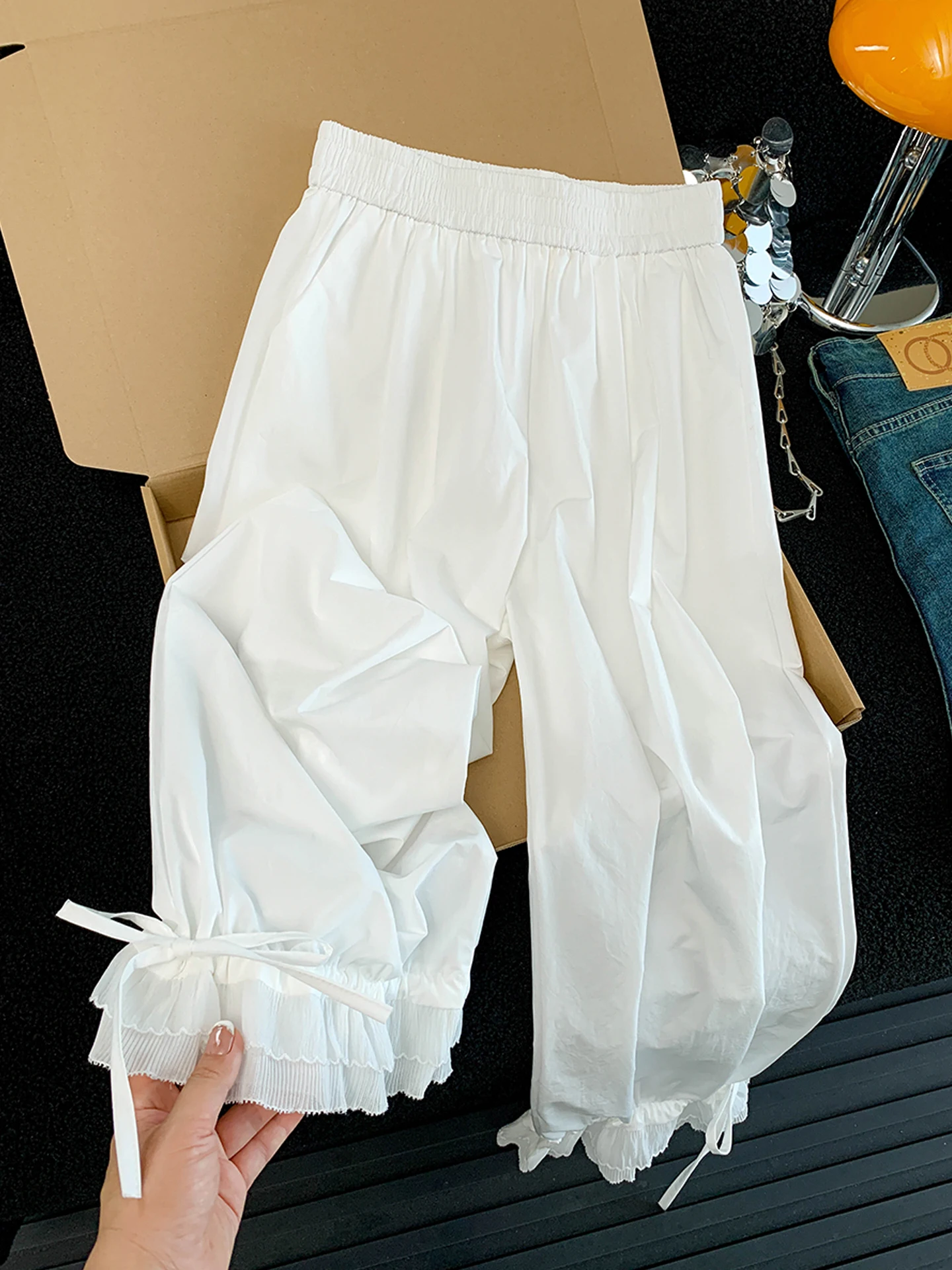 

Ice Silk Quick Dry Ruffle Wide Leg Pants Women Summer New High Waist Draping Slim Loose Casual Straight Nine Flower Bud Pants