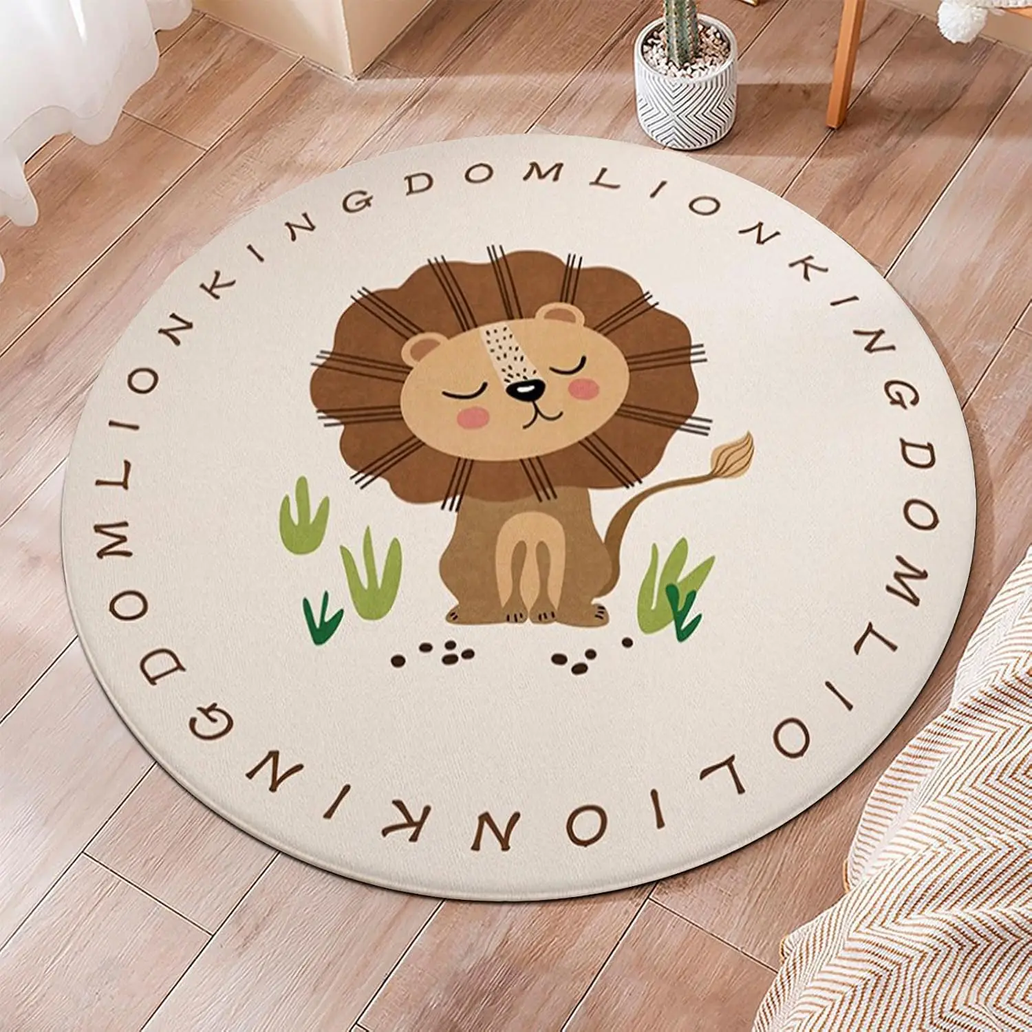 Lion King Themed Round Rug Cartoon Lion with Text Border for Children Room