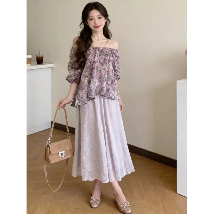 

Romantic Purple One-Shoulder Shirt And Skirt Set Women's Mid-Summer Fashion Breathable Polyester Two-Piece Ensemble