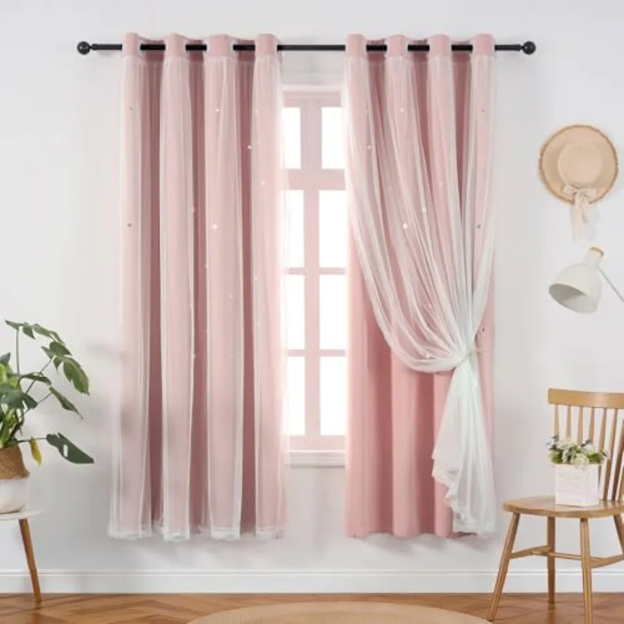 Curtains Blackout for Girls Room - Aesthetic Star Cutout Double Layer with White Sheer Overlay, 63 Inch Length 2 Panels Cute Cu