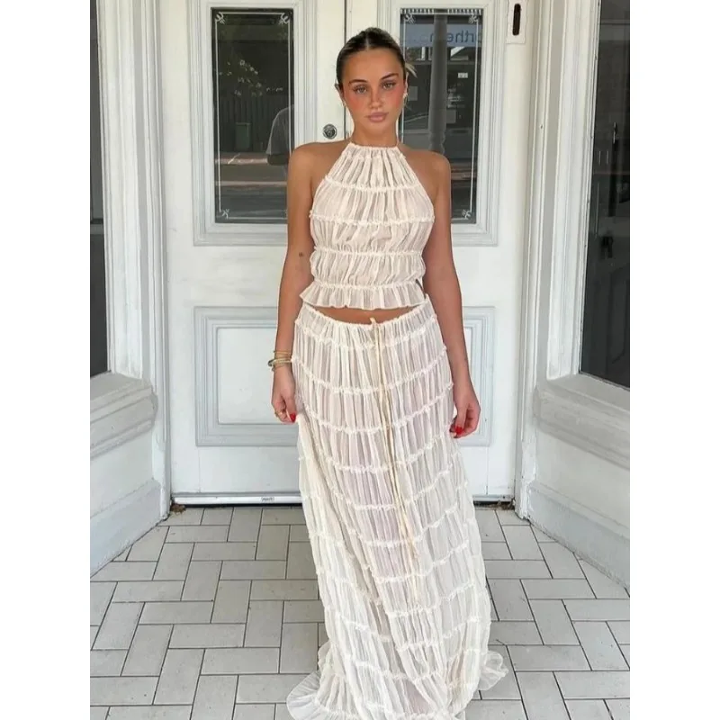 2024 Lente Zomer Dames 2 Delige Set Mode Solide Halter Lange Rok Pak Vrouwen Rugloze Slinger Top Veteraan Geplooide Maxi Rokken