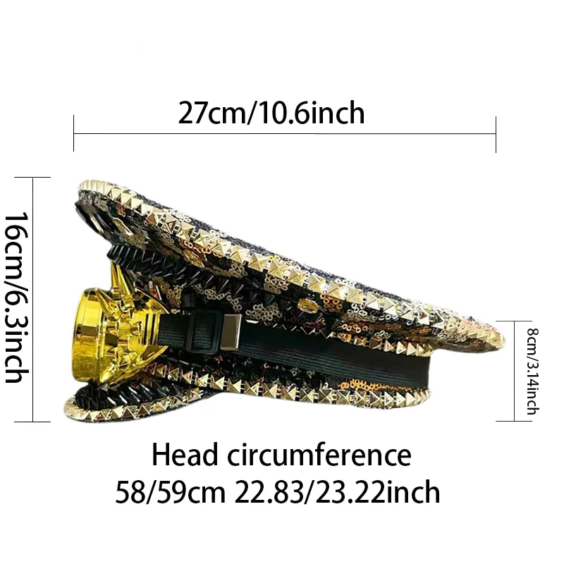 

Steampunk Captain Hat Rhinestone for Music Festival, Halloween, Disco, Burning Man, Vintage Military Cap for Men & Women