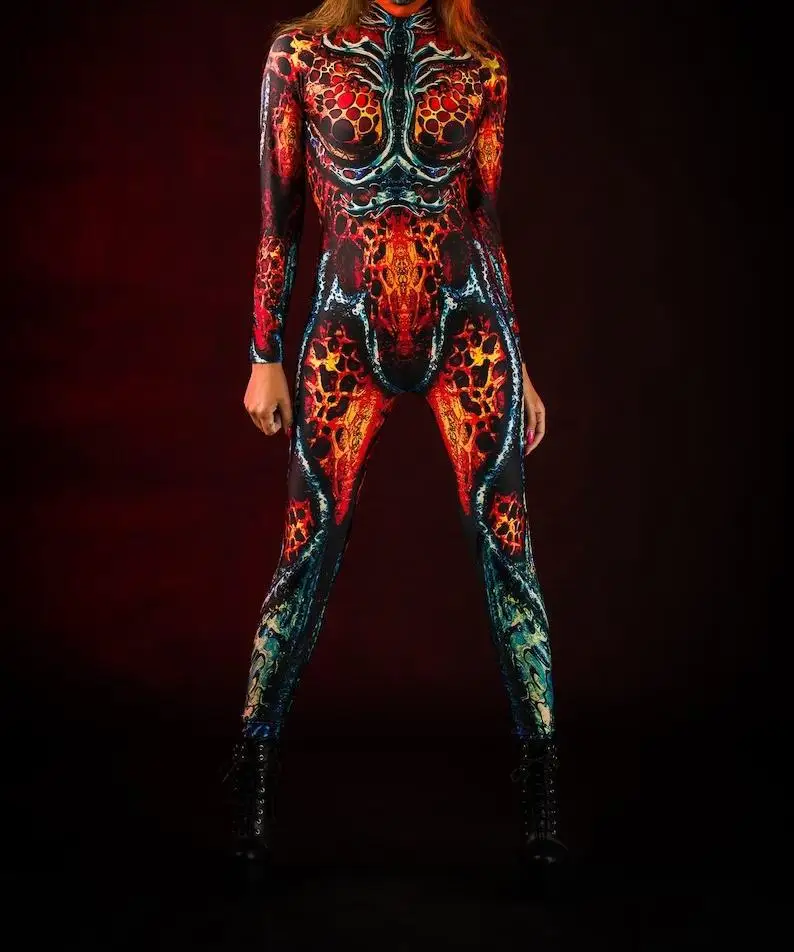 Halloween Holiday Party Colorful 3D Printing CyberPunk Rainbow Jumpsuit  Cosplay Costume Elastic Bodysuits Rompers Women Zentai