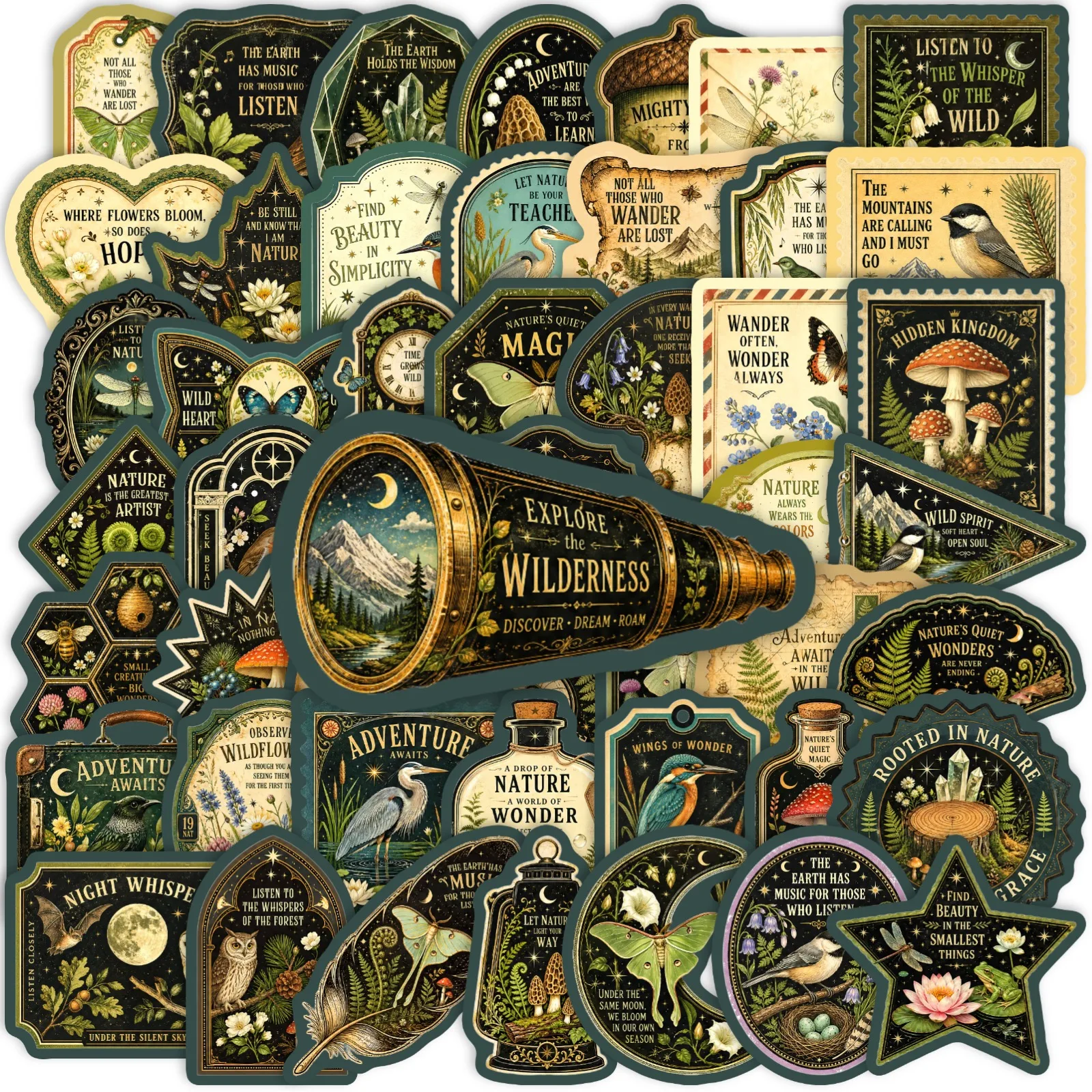 50-Pack Waterproof Vintage Nature-Themed Stickers for Journaling Guitar Luggage Bicycle Decoration